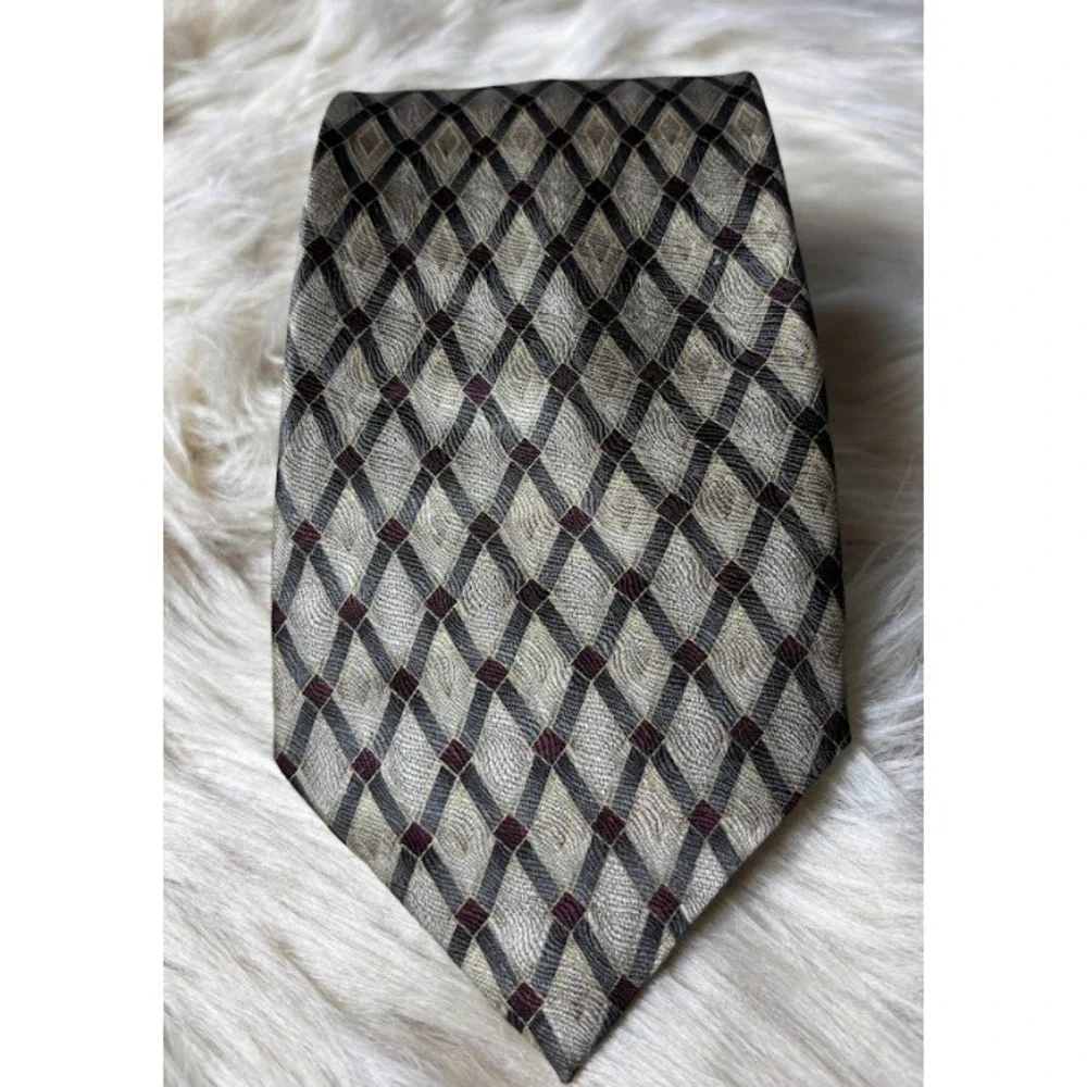 Bocara Silk Tie Mens Gray Red Gold Geometric Satin Necktie Classic Handmade